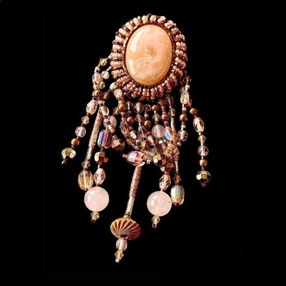 Vintage Pink Agate gold Swarovski Crystal hand beaded festoon style 5”x 2” pin - Picture 3 of 13
